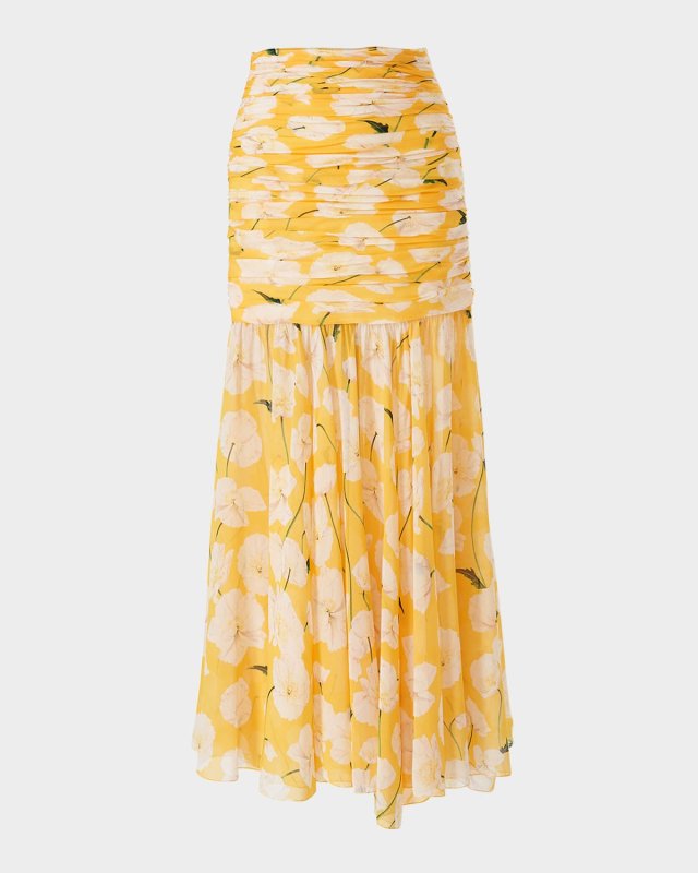 Flower Gathered Silk Midi Skirt